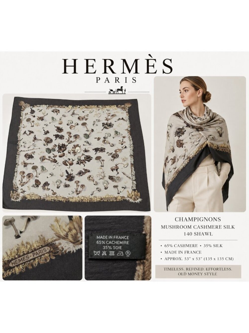 Hermès Paris Champignons Mushroom Cashmere Silk 140 Shawl Scarf Made in France
